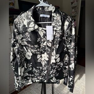 JUSTFAB Black and White Floral Faux Leather Jacket